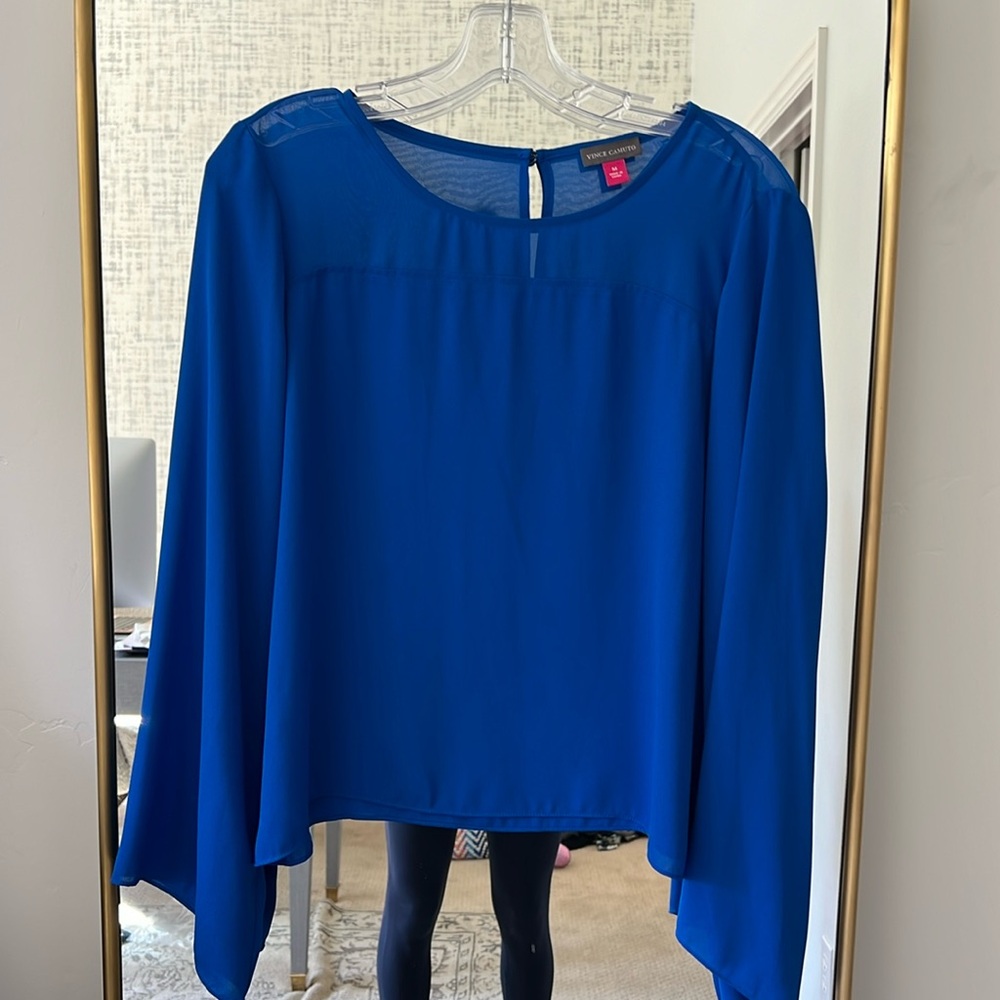 Vince Camuto blue blouse with sheer yolk
